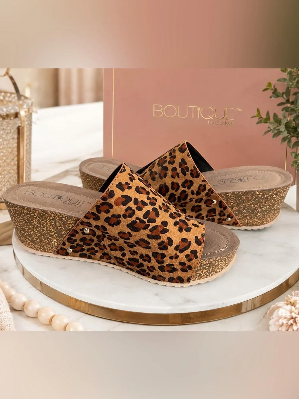 Corkys Leopard Print Wedge Slides - Tan & Black